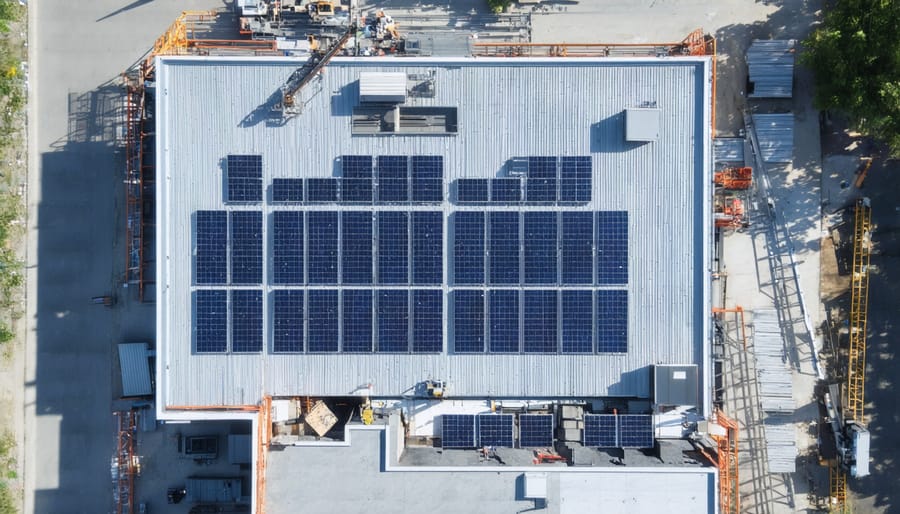 Construction workers installing solar panels on a large commercial roof with equipment and materials visible