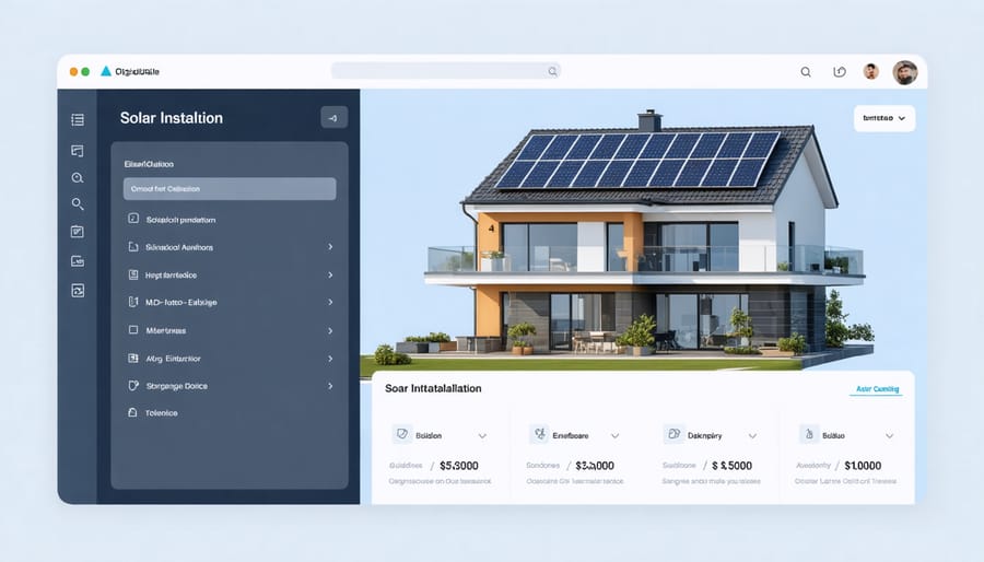 Computer screen displaying solar design software with building model and panel layout