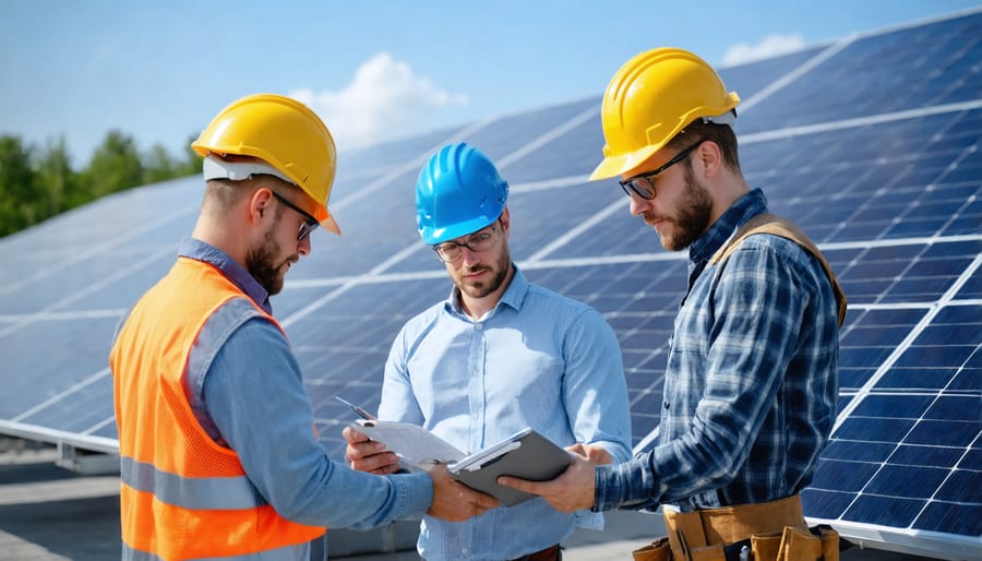 Construction workers in safety gear examining solar panel installation plans and safety equipment