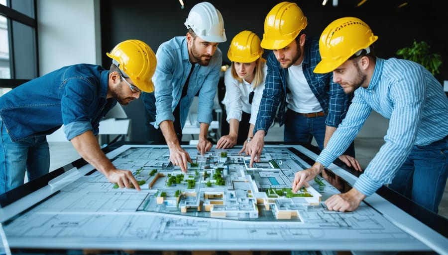 "A diverse team of construction professionals, including architects, contractors, and project managers, collaborating around a digital table with architectural plans and BIM models, highlighting teamwork and integrated project delivery."