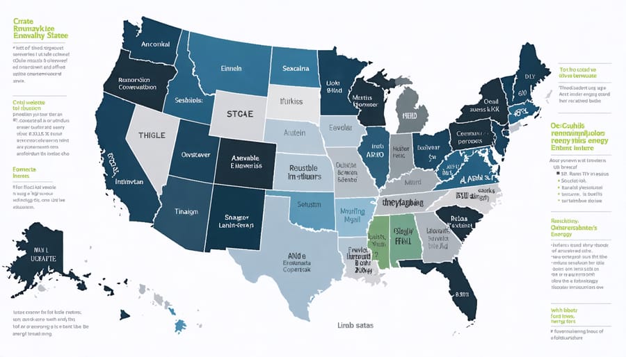 US map highlighting different renewable energy rebate programs by state