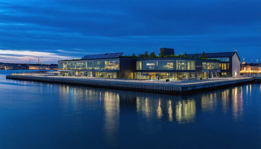 Illuminated sustainable buildings in Stockholm Royal Seaport showing integrated renewable energy systems