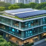 Modern office building showcasing solar panels, energy management displays, and green landscaping, representing sustainability principles in property management.