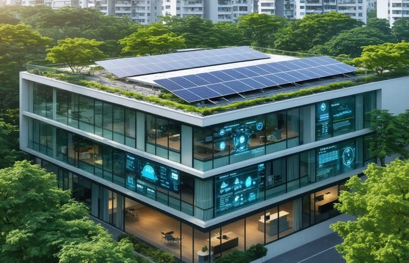 Modern office building showcasing solar panels, energy management displays, and green landscaping, representing sustainability principles in property management.