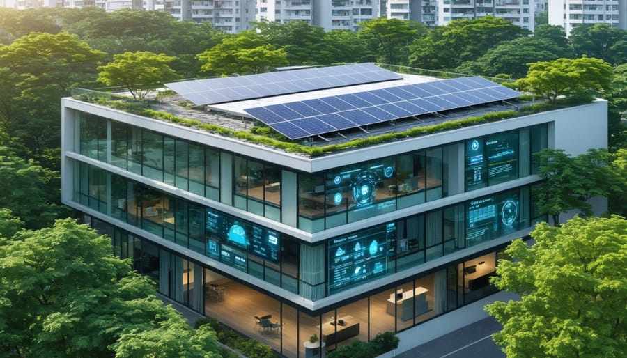 Modern office building showcasing solar panels, energy management displays, and green landscaping, representing sustainability principles in property management.