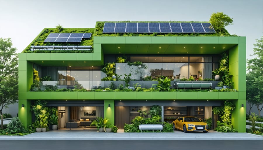 3D rendering of a sustainable building design highlighting green building features