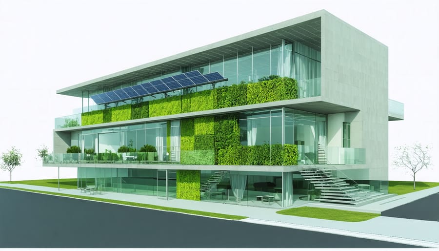 3D visualization of a sustainable building design incorporating multiple eco-friendly features