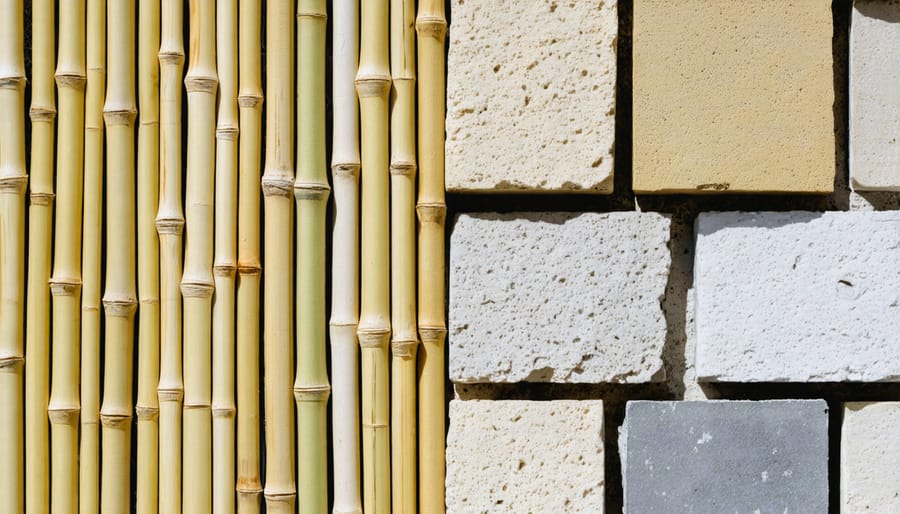 Display of various sustainable building materials including bamboo, mycelium, and recycled composites