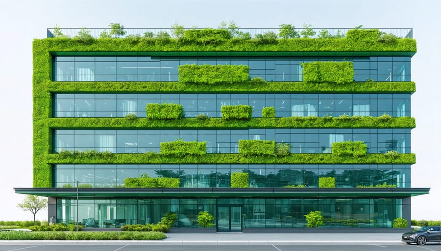 Contemporary office building showcasing solar panels, green roof, and other sustainable design elements