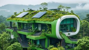 An innovative green building featuring sustainable design elements such as solar panels, a green roof with vegetation, and rainwater collection systems, set against a vibrant, eco-friendly landscape.