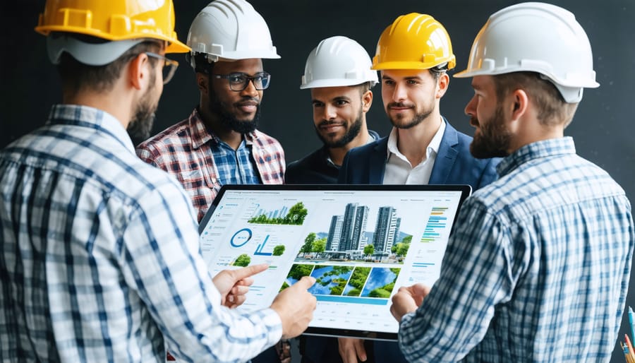 Construction team analyzing green building metrics and sustainability data on interactive screens