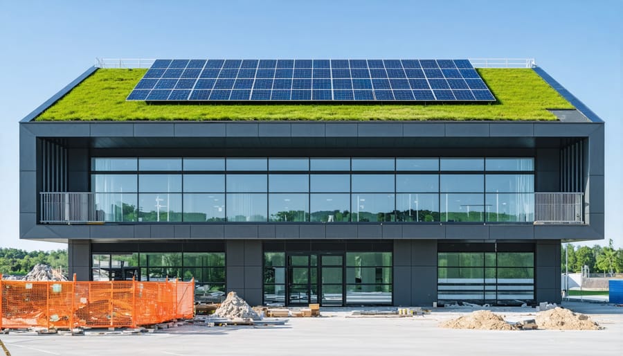 Construction site showing implementation of sustainable building practices and renewable energy systems