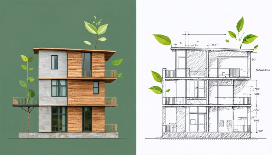 Comparison chart showing traditional building materials and their sustainable alternatives with environmental impact metrics