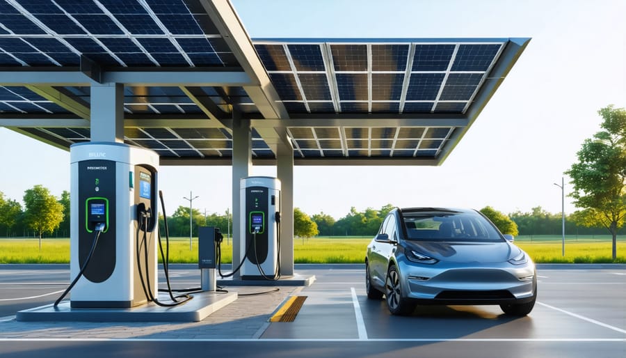 Solar-powered EV charging station with smart grid connection in urban setting