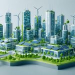 Futuristic city with buildings integrated with solar panels, wind turbines, and geothermal systems, highlighting renewable energy in urban construction.