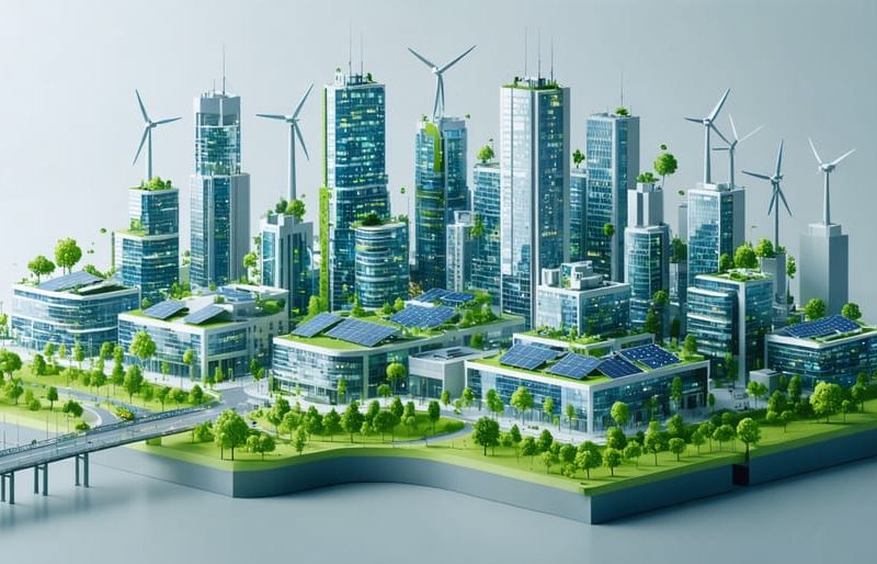 Futuristic city with buildings integrated with solar panels, wind turbines, and geothermal systems, highlighting renewable energy in urban construction.