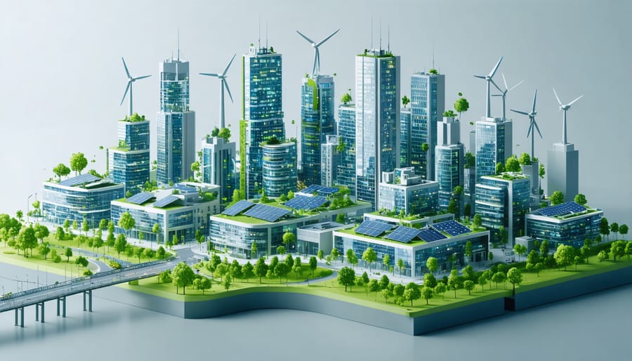 Futuristic city with buildings integrated with solar panels, wind turbines, and geothermal systems, highlighting renewable energy in urban construction.