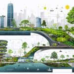 Aerial artistic collage depicting sustainable urban projects with Copenhagen's green infrastructure, Singapore's biophilic waterways, and Stockholm's energy-efficient buildings and green roofs.