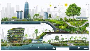 Aerial artistic collage depicting sustainable urban projects with Copenhagen's green infrastructure, Singapore's biophilic waterways, and Stockholm's energy-efficient buildings and green roofs.