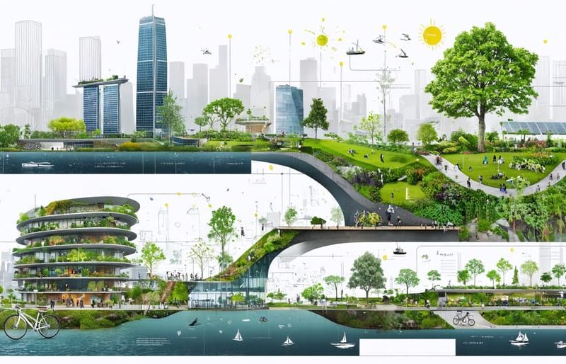 Aerial artistic collage depicting sustainable urban projects with Copenhagen's green infrastructure, Singapore's biophilic waterways, and Stockholm's energy-efficient buildings and green roofs.