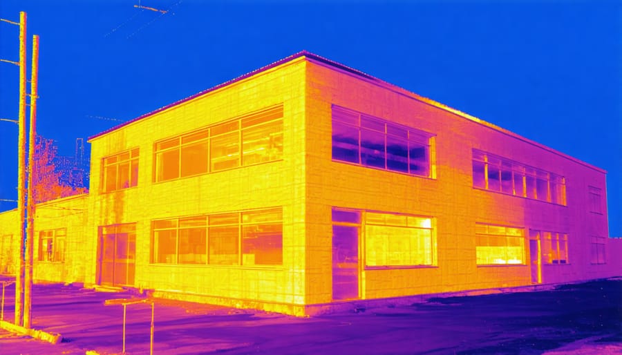 Infrared thermal image revealing heat loss patterns in a commercial building facade