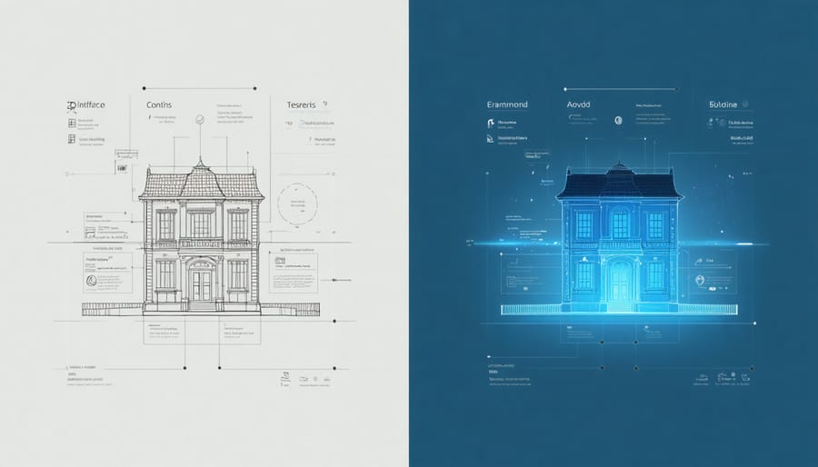 Side-by-side comparison of traditional building management system versus AI-powered interface