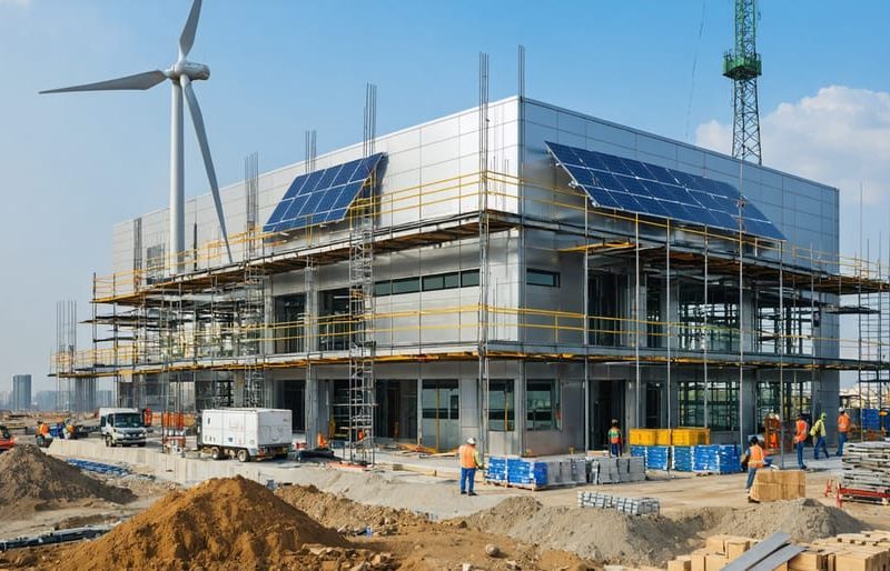 Modern commercial construction site with workers integrating solar panels and wind turbines on a green building, illustrating the impact of construction rebates on renewable energy projects.