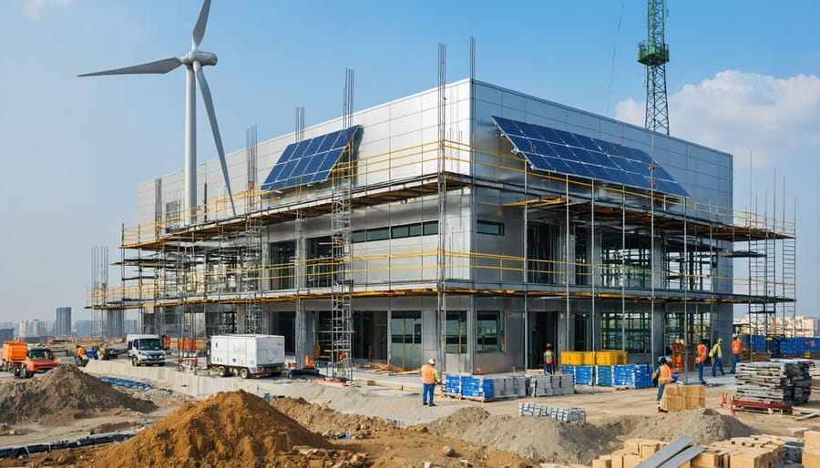 Modern commercial construction site with workers integrating solar panels and wind turbines on a green building, illustrating the impact of construction rebates on renewable energy projects.