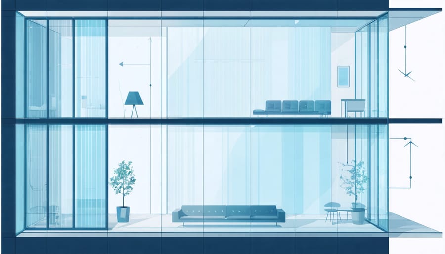 Cutaway diagram showing the layers of a transparent solar cell window and its energy generation process