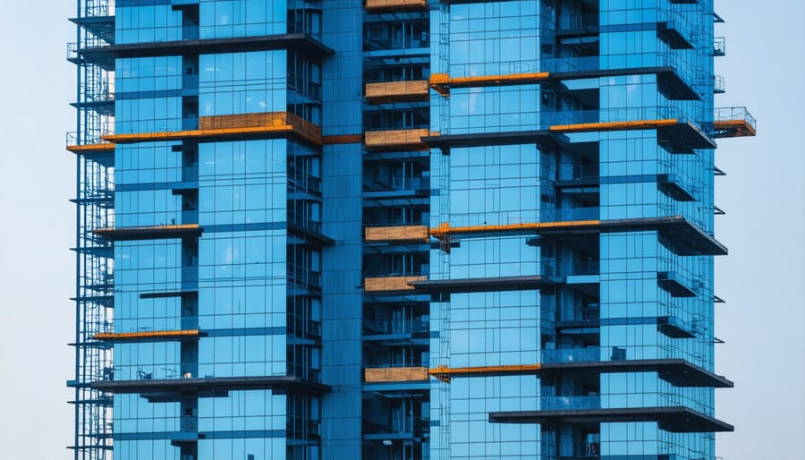 Modern high-rise building under construction with exposed steel frame and concrete floors demonstrating Type I fire-resistant construction methods