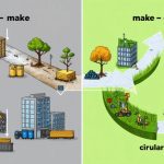 Conceptual illustration showing the contrast between linear construction waste piles and circular construction practices with material reuse and modular structures.