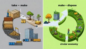 Conceptual illustration showing the contrast between linear construction waste piles and circular construction practices with material reuse and modular structures.