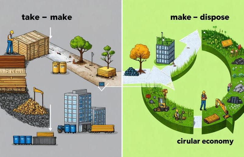 Conceptual illustration showing the contrast between linear construction waste piles and circular construction practices with material reuse and modular structures.