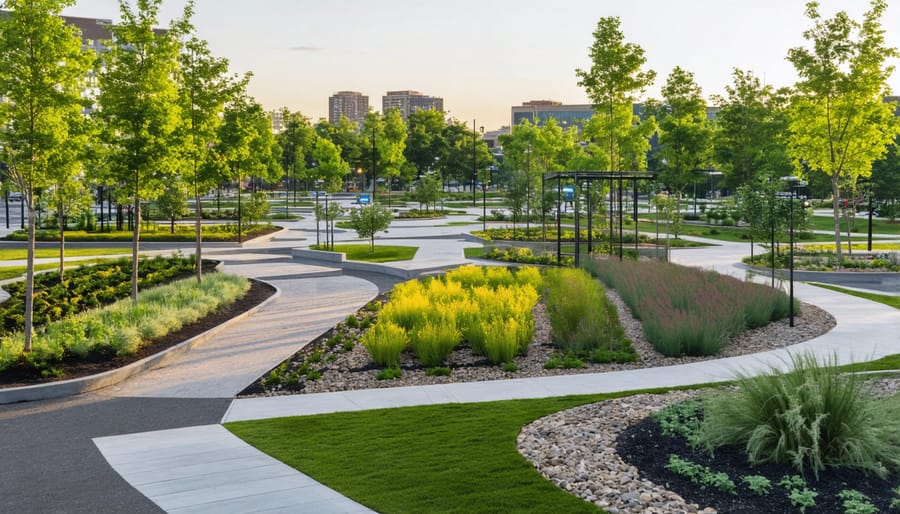 Green infrastructure implementation showing bioswales and rain gardens in an urban setting