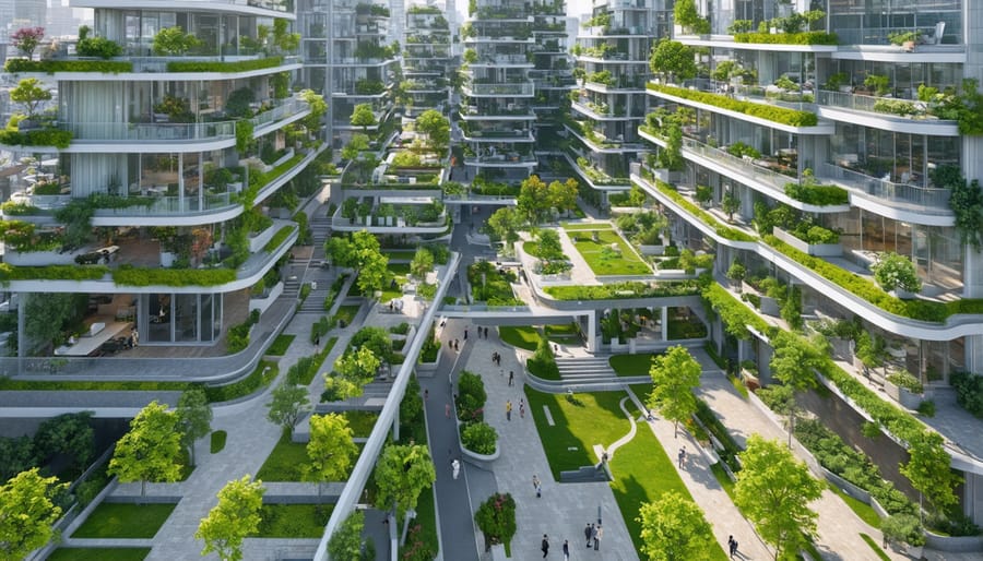 Bird's eye view of urban green spaces integrated within a modern city landscape