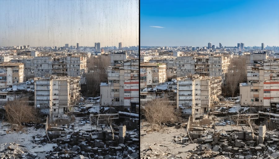 Before and after comparison of an urban renewal project showing infrastructure improvements