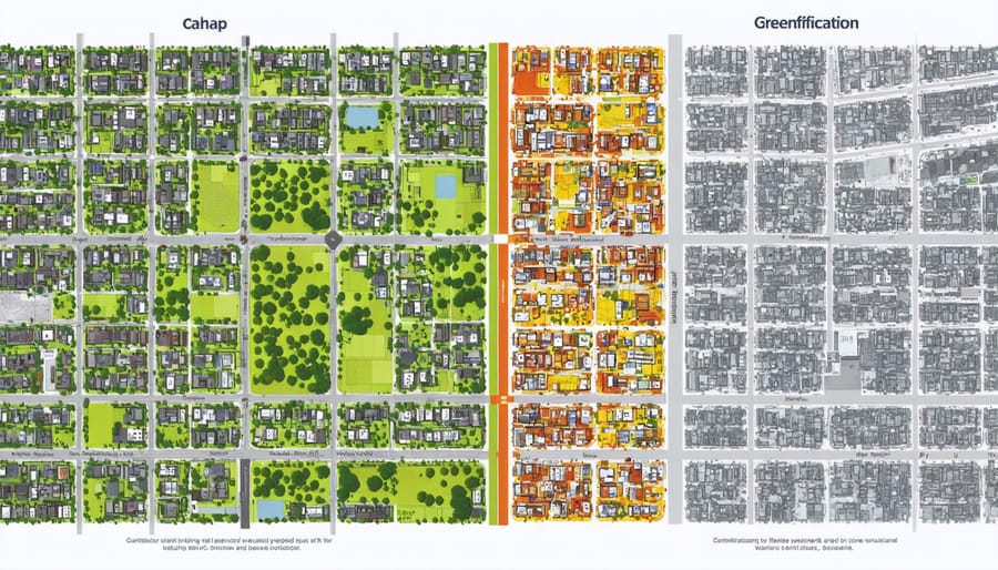 Split-image showing the contrast between urban renewal and gentrification: one side with a modern urban neighborhood featuring green spaces and infrastructure improvements, the other side depicting a neighborhood undergoing demographic shifts due to gentrification.