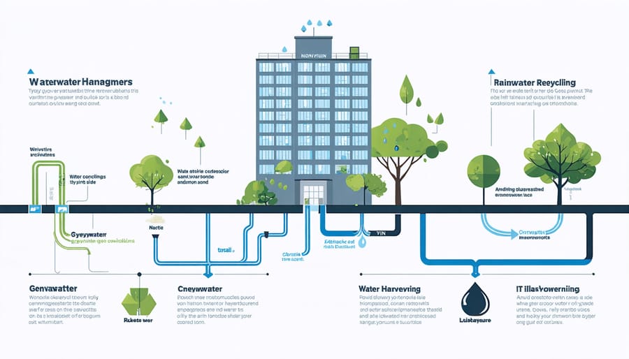 Diagram illustrating building water conservation systems and water flow processes