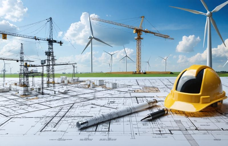 Conceptual depiction of wind energy construction showcasing blueprints and digital schematics over a landscape with wind turbines being constructed, emphasizing project management.