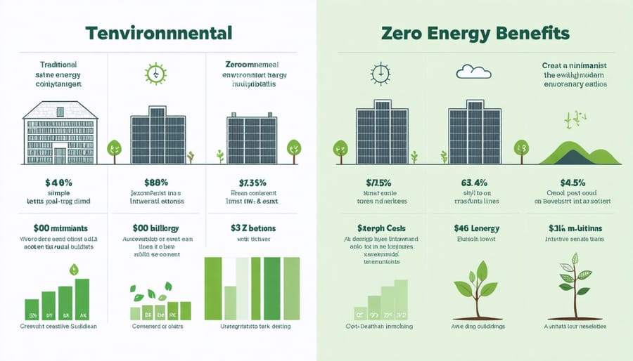 Chart comparing operational costs and carbon emissions of conventional versus zero energy buildings