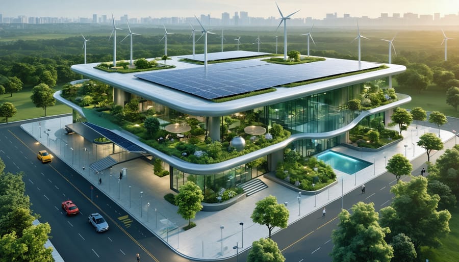 Artistic representation of a net-zero energy commercial building with solar panels, green spaces, and sustainable features.