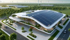 Architectural rendering of a zero energy building featuring solar panels, wind turbines, and microgrid infrastructure, embodying sustainable construction and energy efficiency.