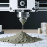 A state-of-the-art 3D printer building a structure with specialized concrete materials, embodying the transformative impact of additive manufacturing in construction.