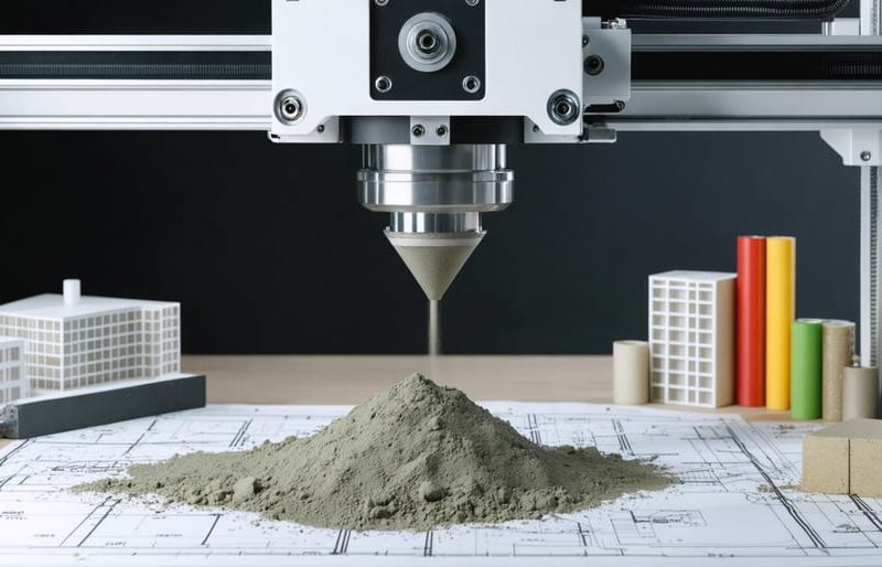 A state-of-the-art 3D printer building a structure with specialized concrete materials, embodying the transformative impact of additive manufacturing in construction.