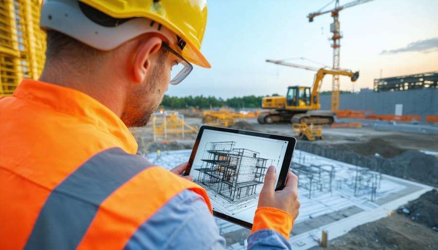 Construction professional comparing BIM model to actual construction progress using augmented reality on tablet