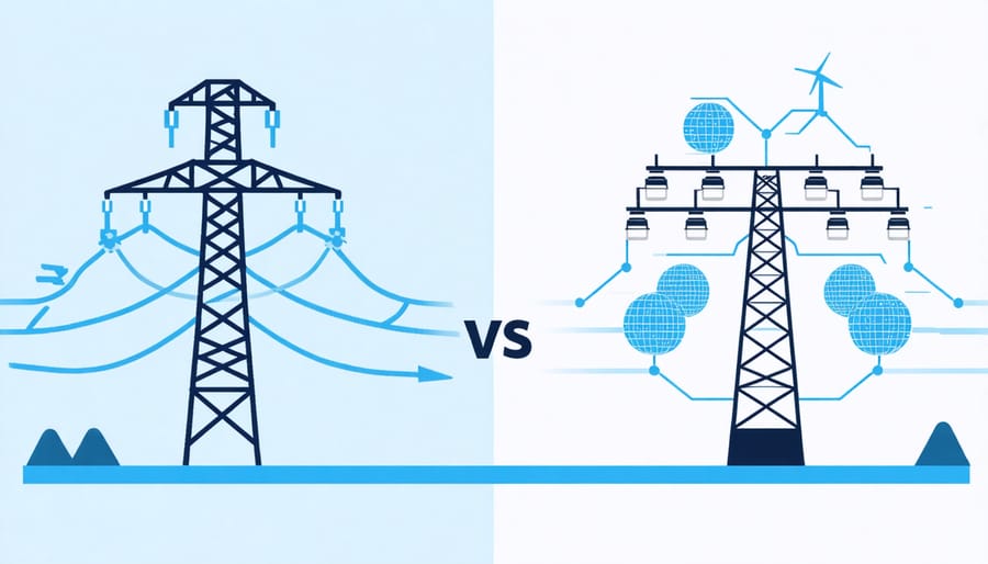 Side-by-side illustration comparing centralized and decentralized energy distribution systems