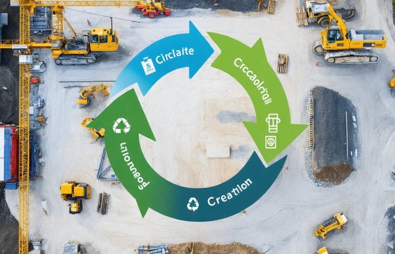 Conceptual illustration of a circular economy model in construction, highlighting material recycling, financial flows, and value creation on a construction site backdrop.