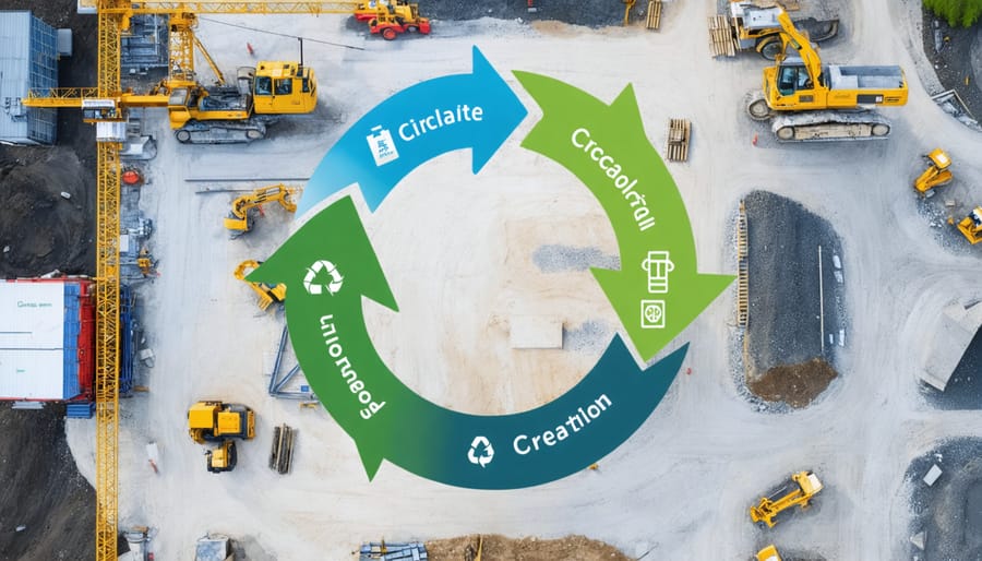 Conceptual illustration of a circular economy model in construction, highlighting material recycling, financial flows, and value creation on a construction site backdrop.