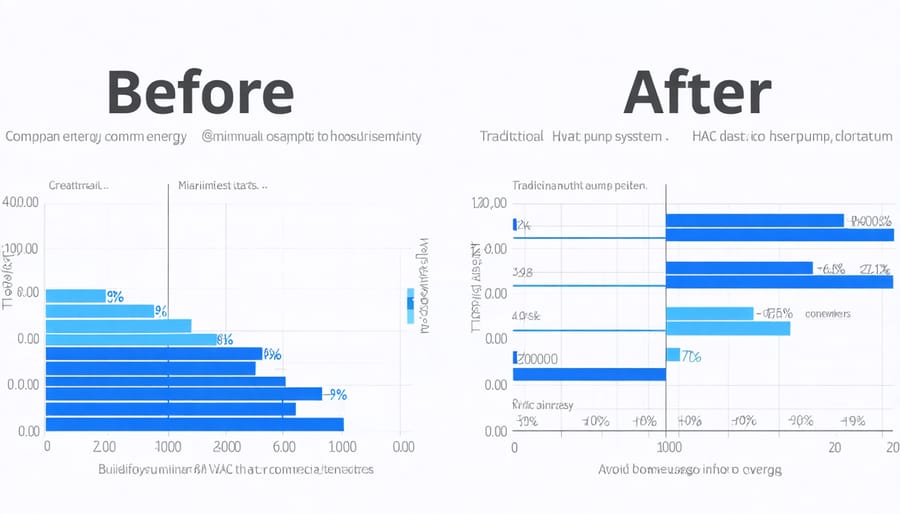 Comparative charts showing energy savings after heat pump installation in commercial building