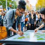 "A diverse group of people engaged in a community design workshop, collaborating around digital and traditional planning tools to contribute to urban development."